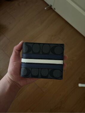 Coach Men's Black and Navy Signature Canvas Bifold Wallet with White Stripe